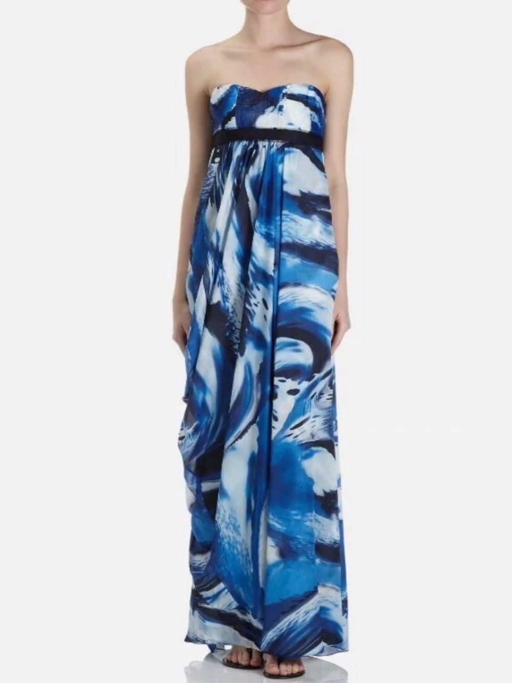 VTG BCBG Max Azria Blue Marbled Strapless Chiffon Maxi Dress Gown Y2K Runway 0